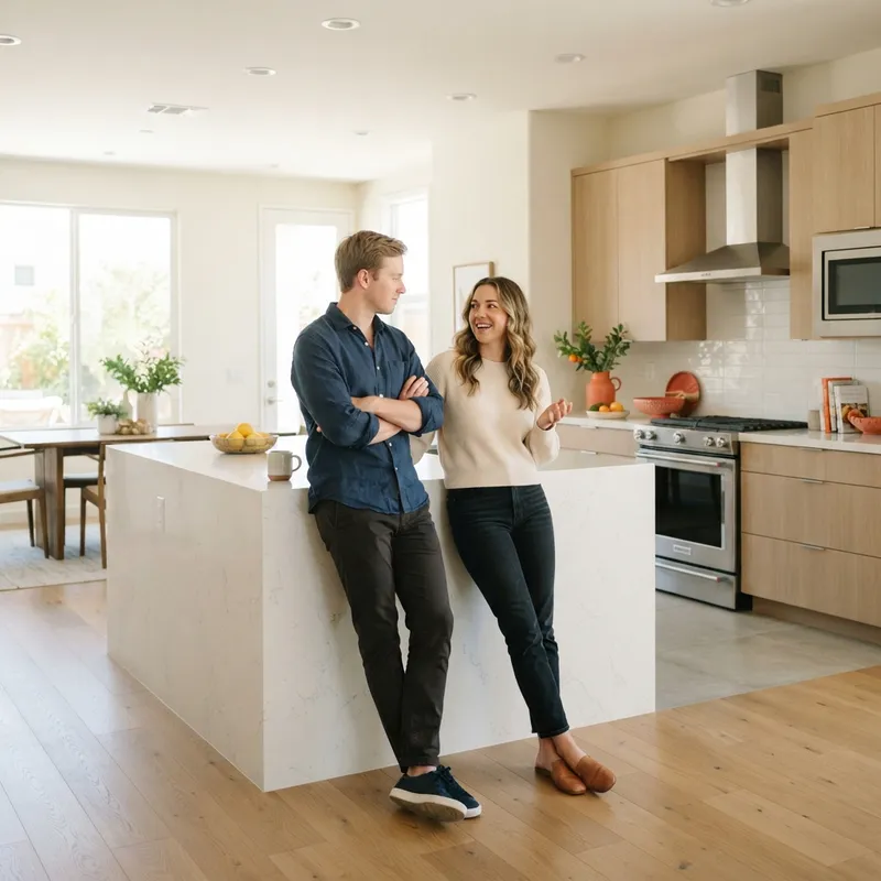 Couple standing in a bright modern kitchen discussing home features