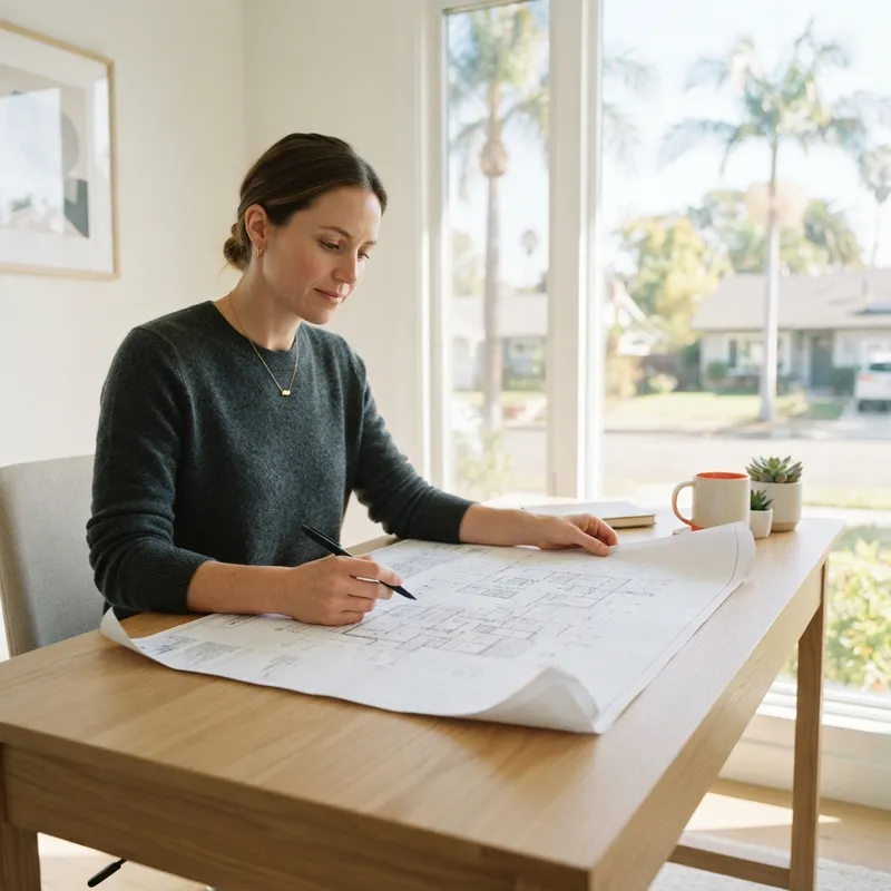 Person reviewing property documents at a sunlit desk