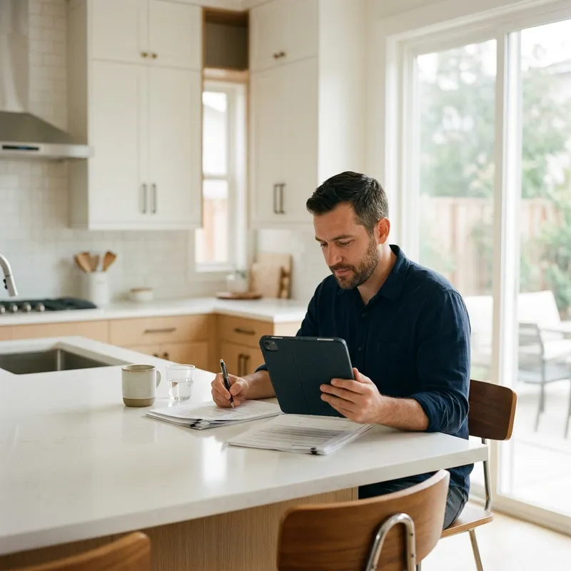 Buyer reviewing closing costs on tablet at home