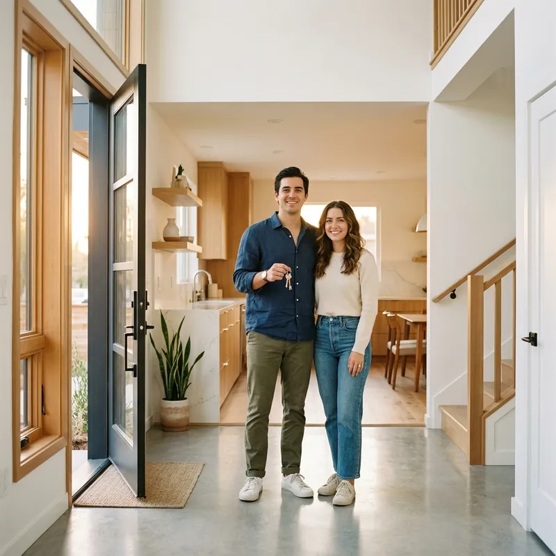 Couple holding keys in new construction entryway