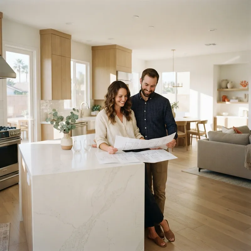 Couple reviewing floor plans in a modern kitchen