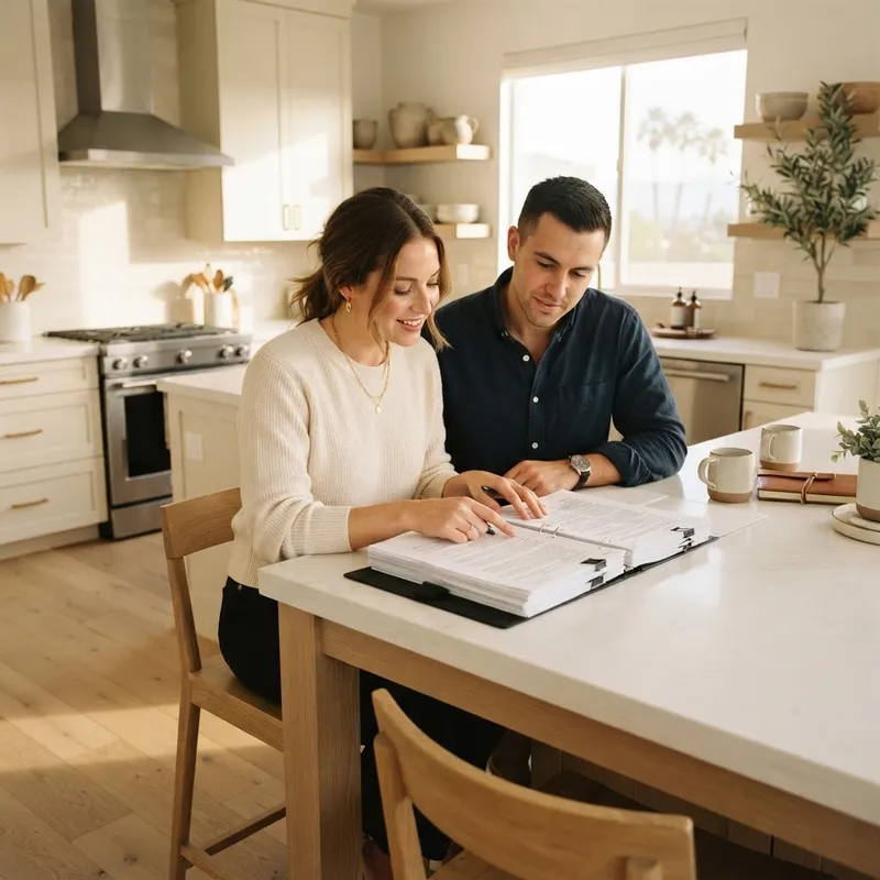 Couple reviewing home purchase documents at a kitchen island