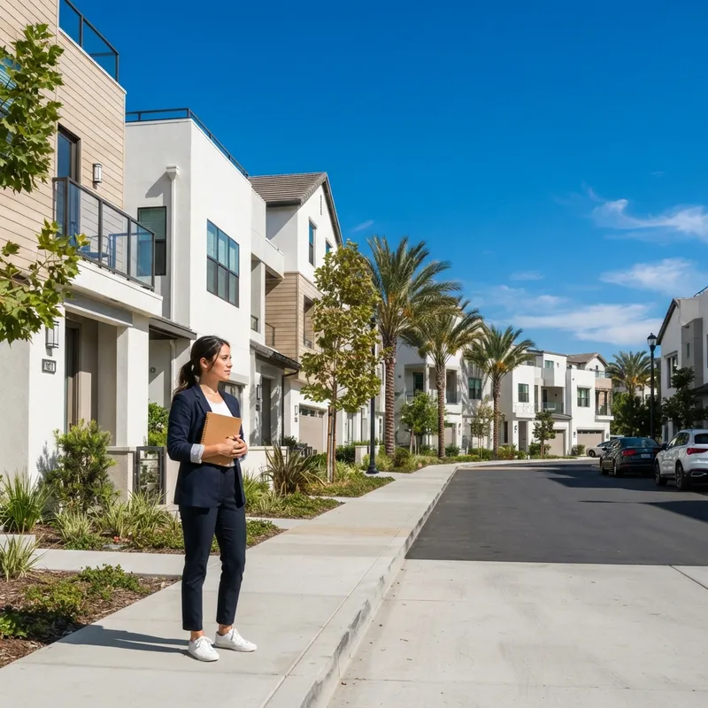 Professional standing outside a modern suburban townhome community