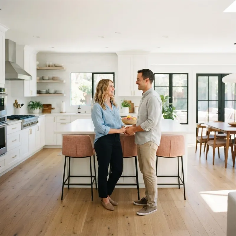 Couple standing in a modern sunlit kitchen
