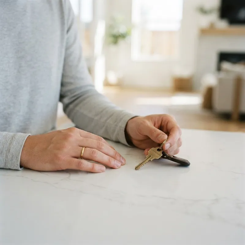 Hand holding a key on a quartz countertop