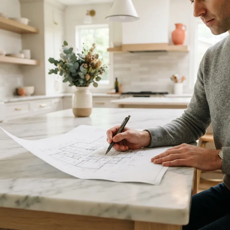 Hands reviewing home construction documents on a kitchen island