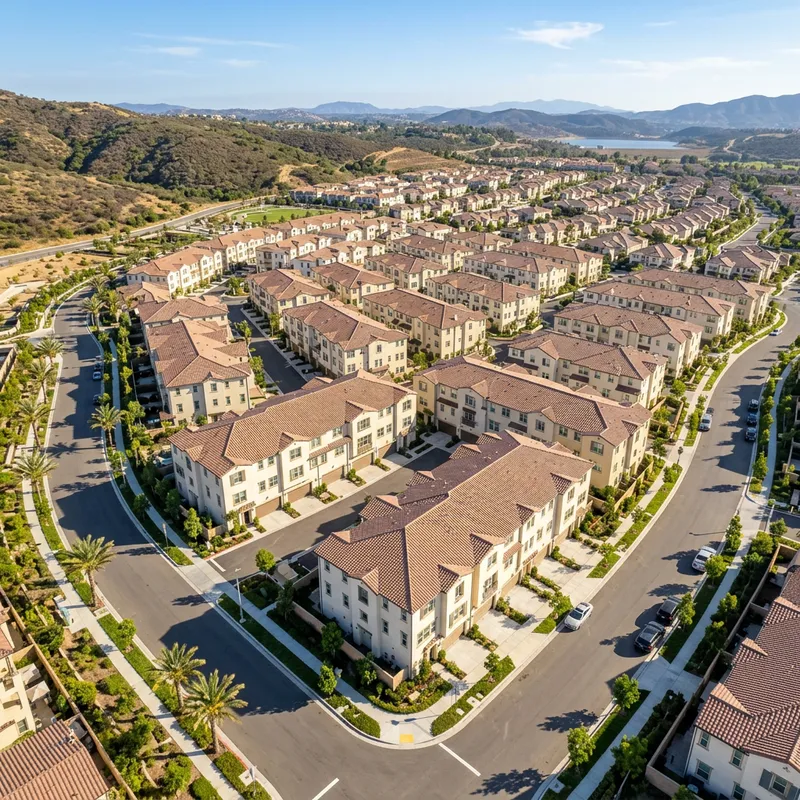 Aerial view of new construction Southern California community with palm trees