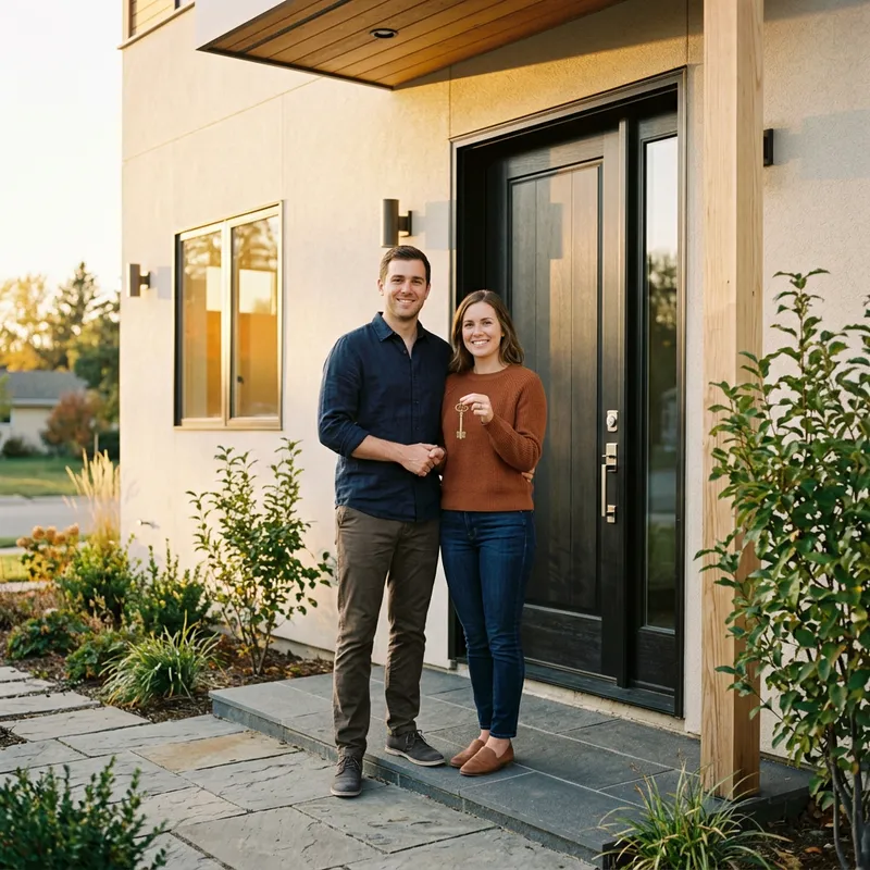 Couple holding key on new construction home doorstep at golden hour