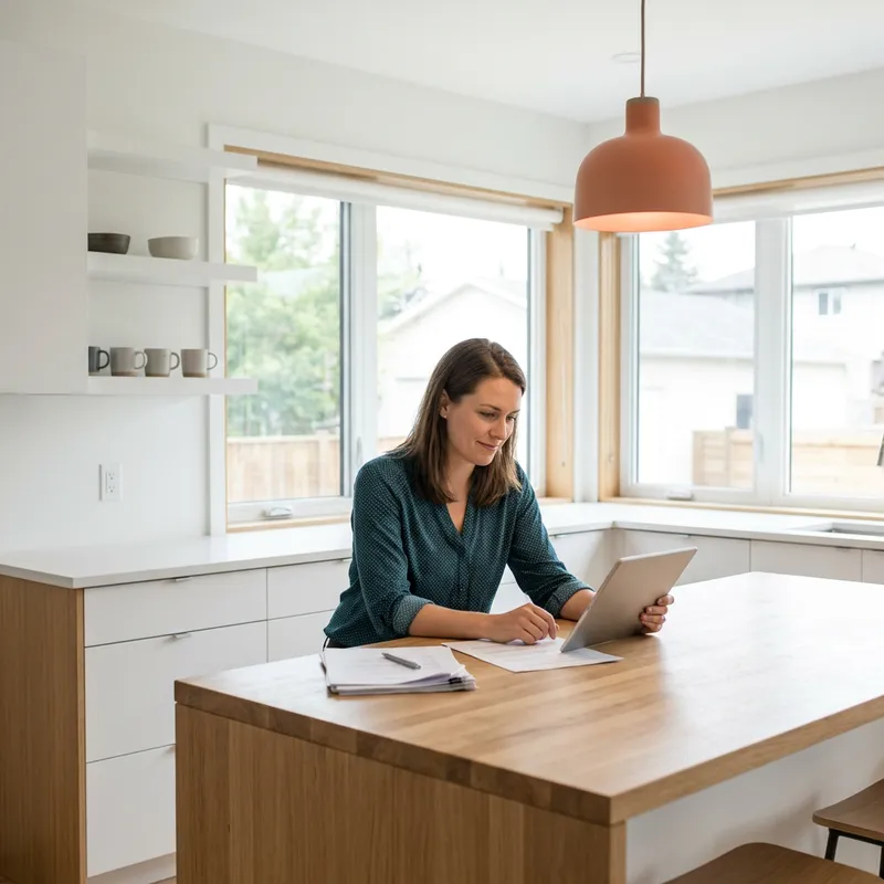 Woman reviewing new construction documents at modern kitchen island