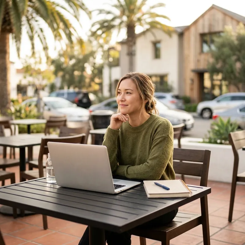 Buyer researching new construction homes at outdoor cafe