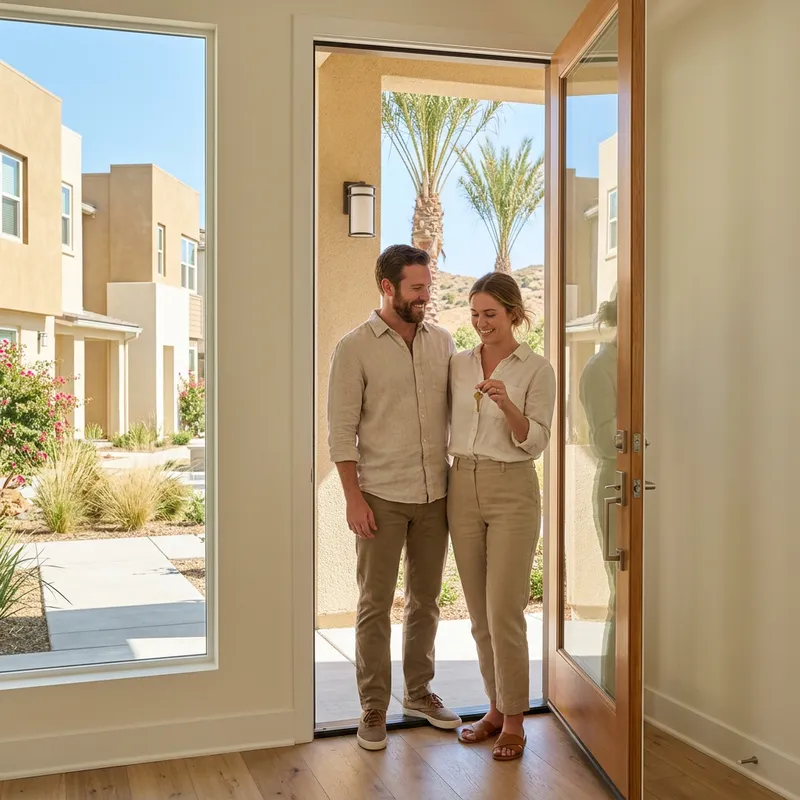 Couple holding key at new construction home entry