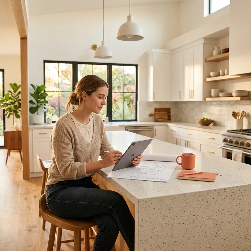 Woman reviewing new construction documents at kitchen island