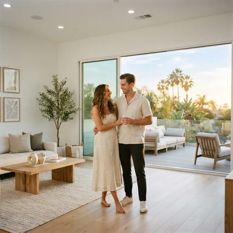 A couple standing in a sunlit modern living room