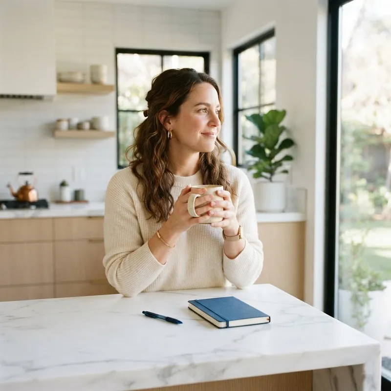 Person standing at a kitchen island in a new home