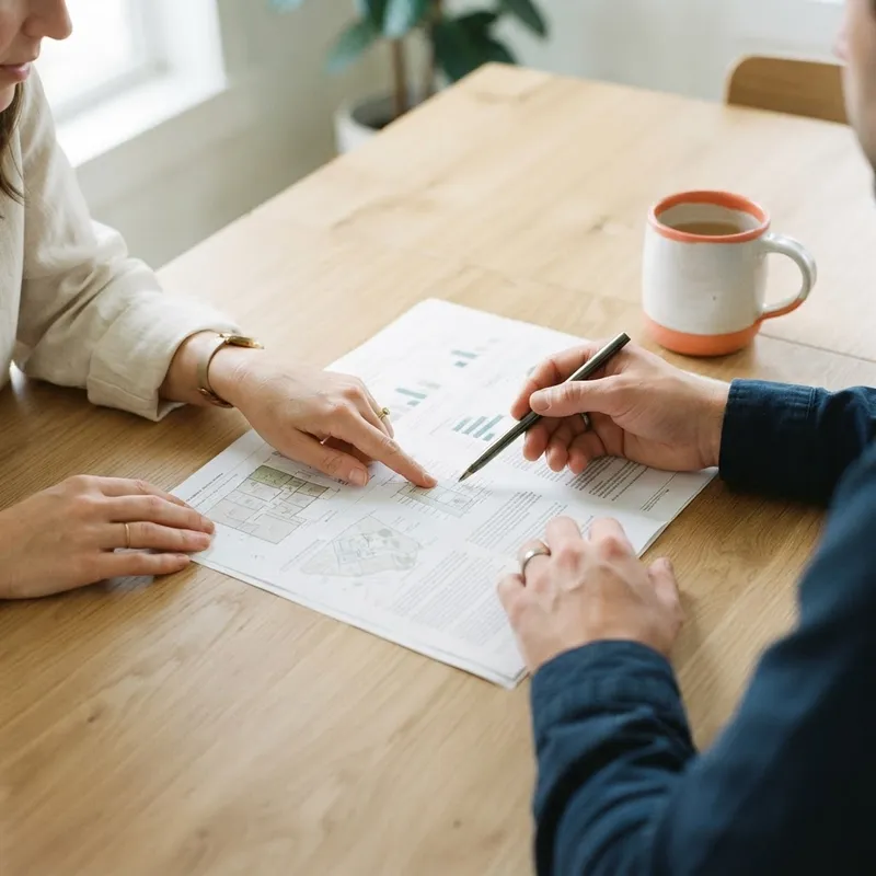 Collaborative review of real estate documents at a table