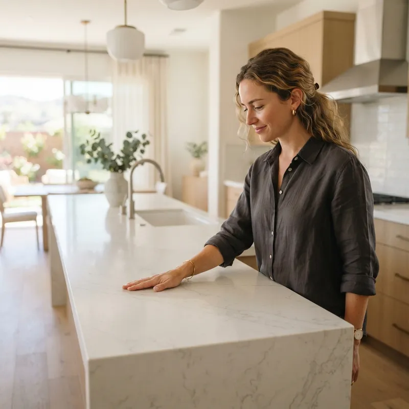 A person inspecting a kitchen island in a new construction home