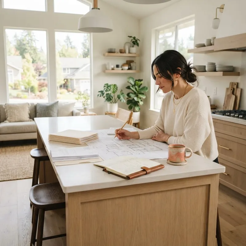 A person reviewing home documents at a kitchen island