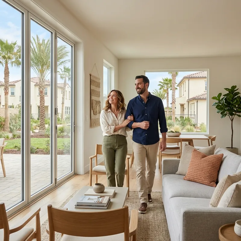 Couple exploring model home in bright modern living space