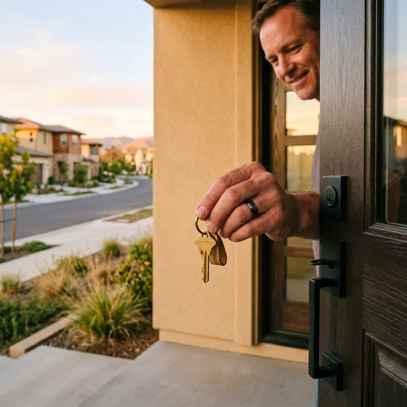 New homeowner holding key at freshly built home entrance