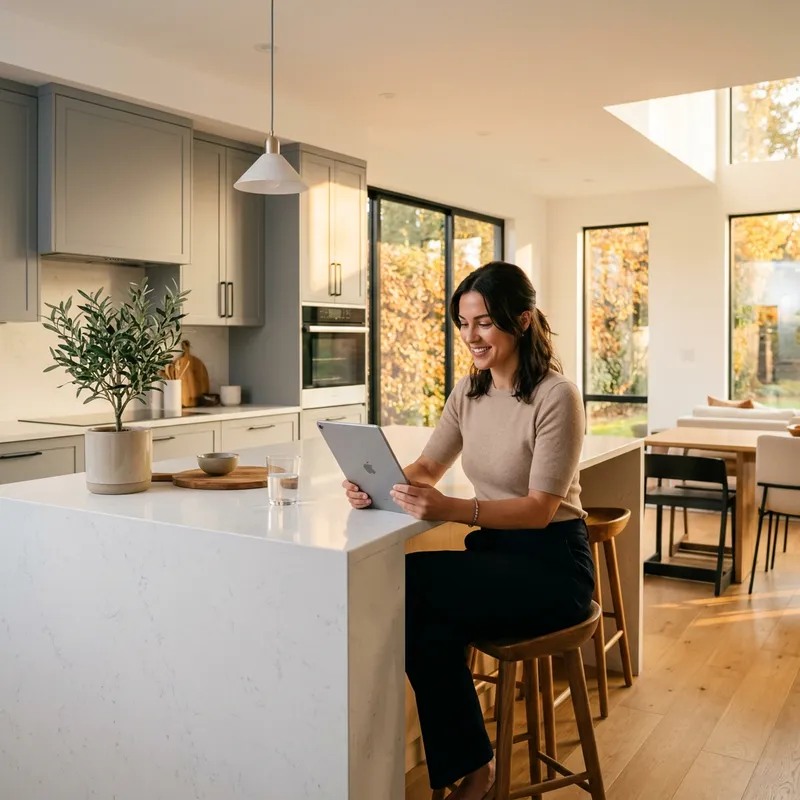 Woman reviewing new construction documents at kitchen island