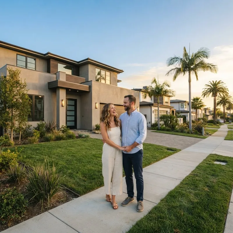 A couple standing confidently in front of a new suburban home