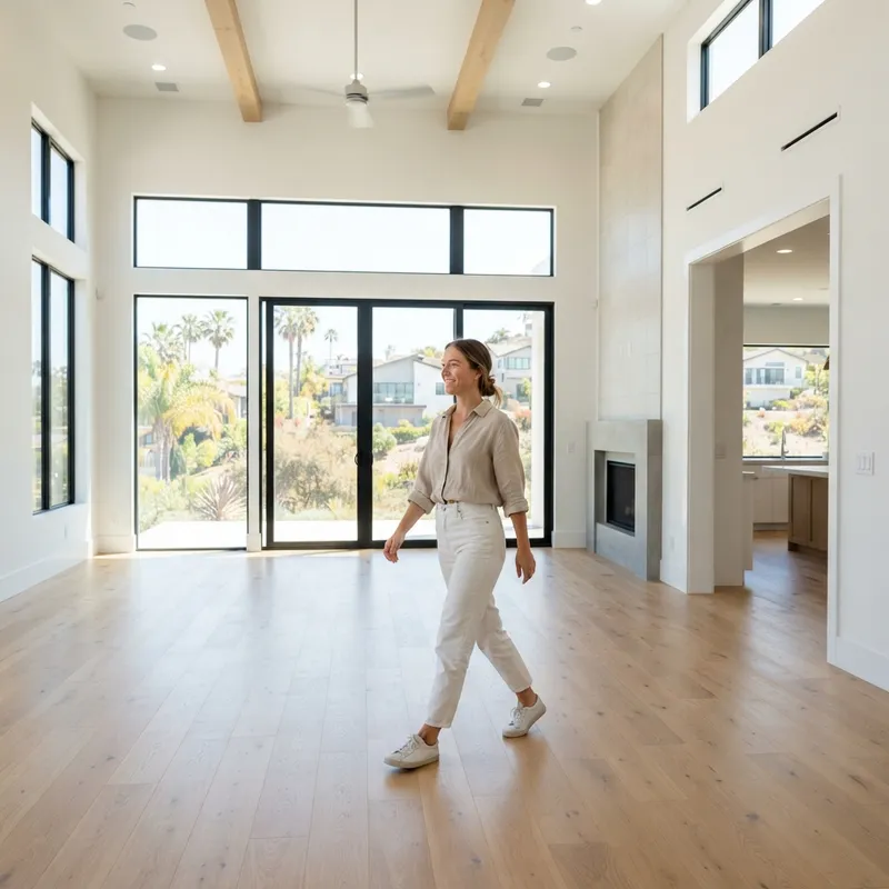 Person exploring the interior of a bright new construction home