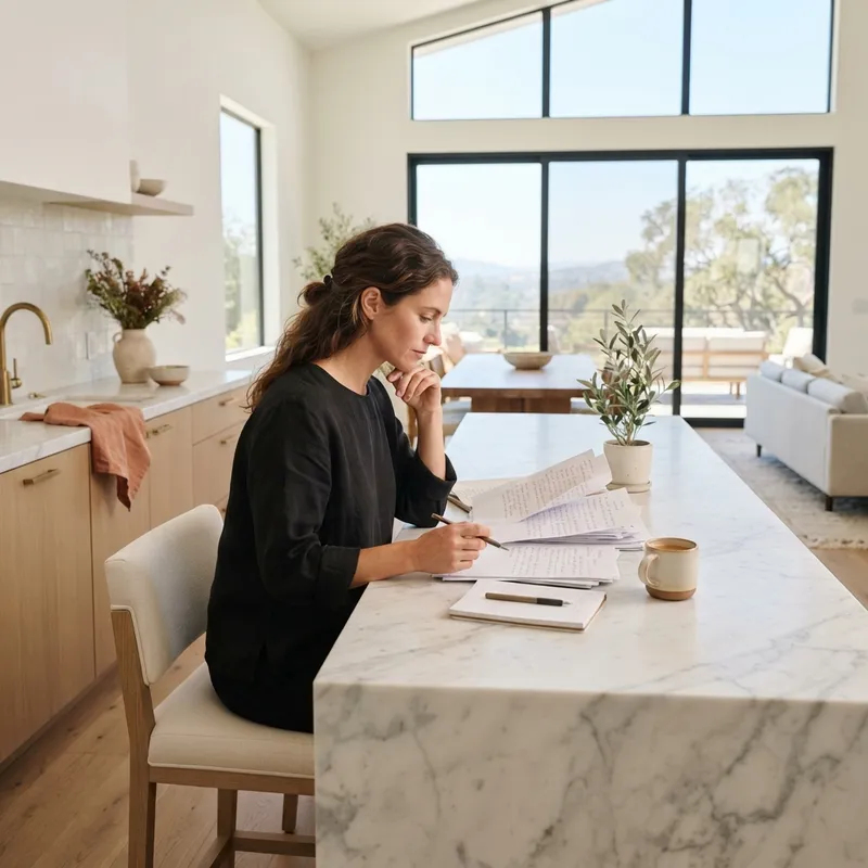 Person reviewing property documents at a modern kitchen island