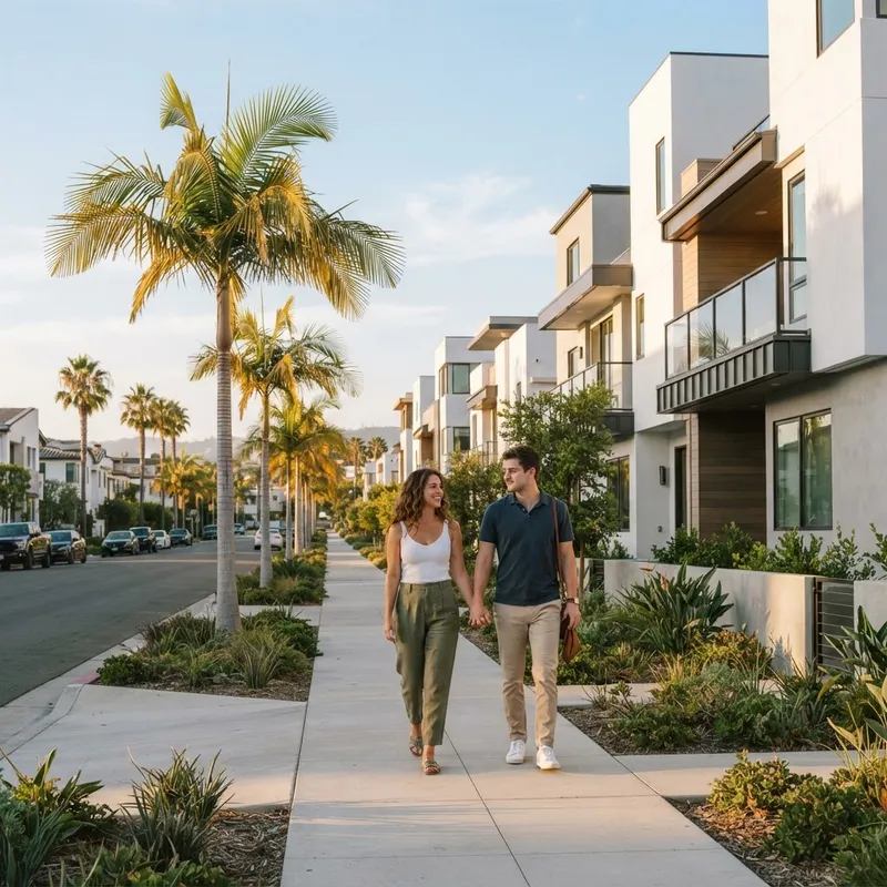 A couple walking through a modern Southern California neighborhood