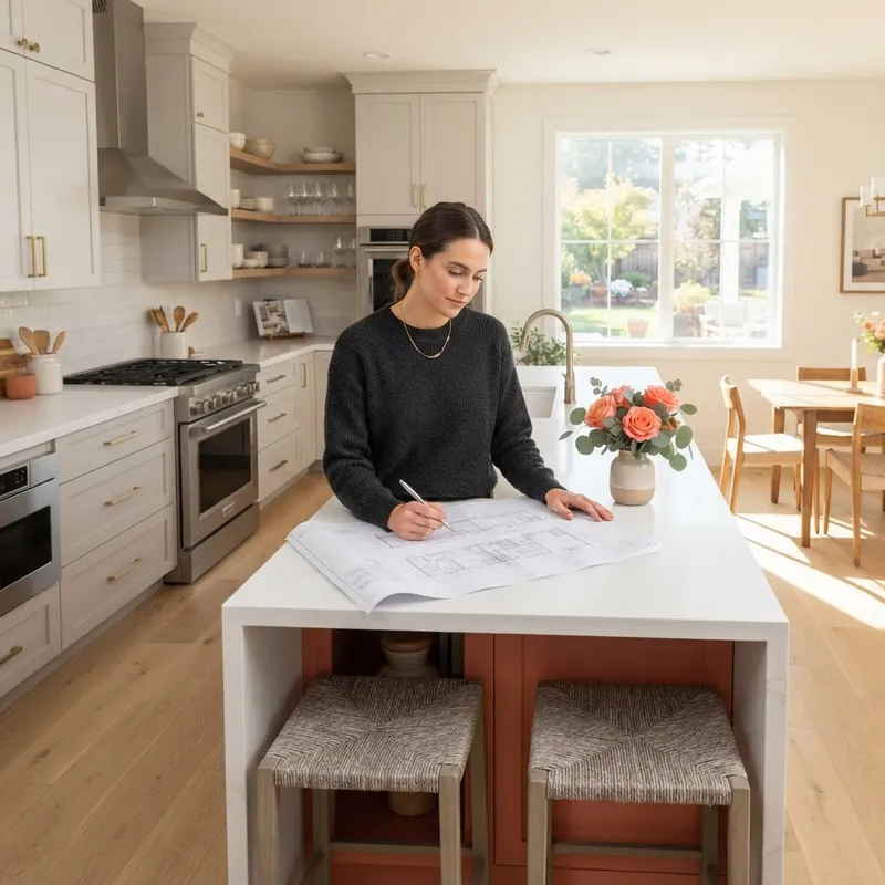 A person reviewing blueprints in a modern new construction kitchen