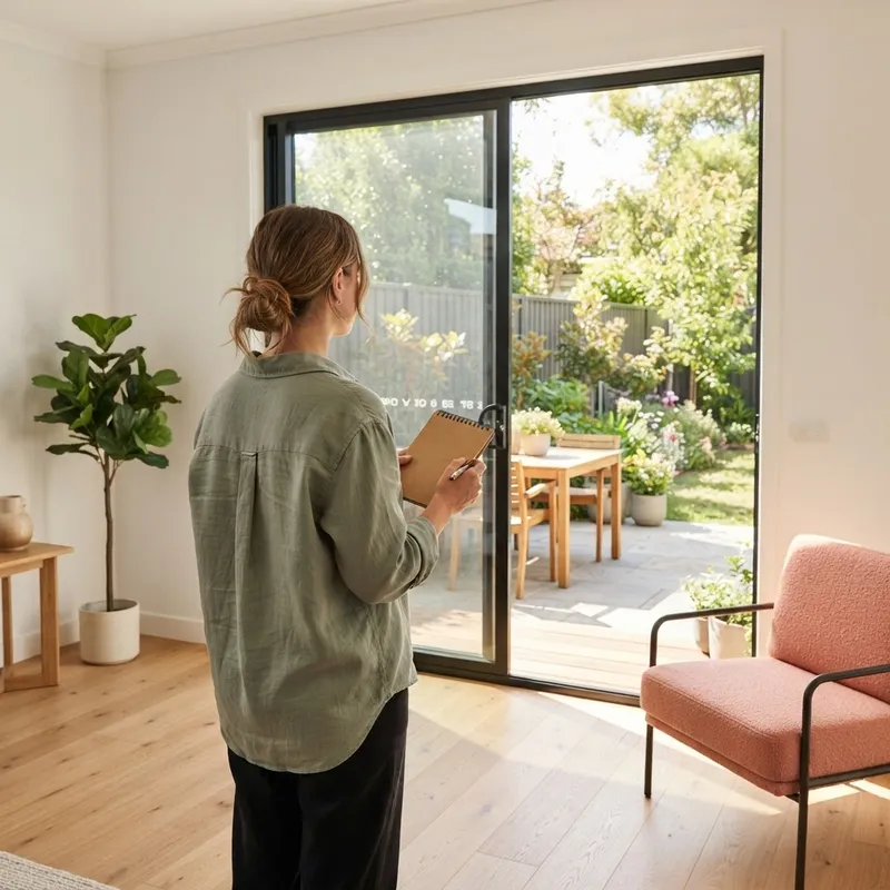 A person looks from a bright modern home toward a private backyard