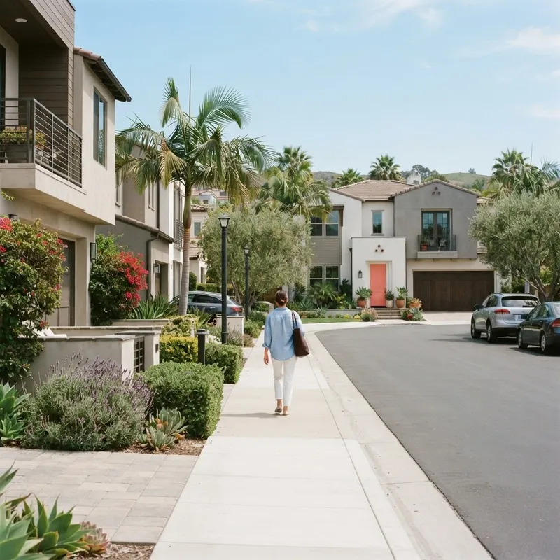 A quiet modern suburban street with manicured landscaping