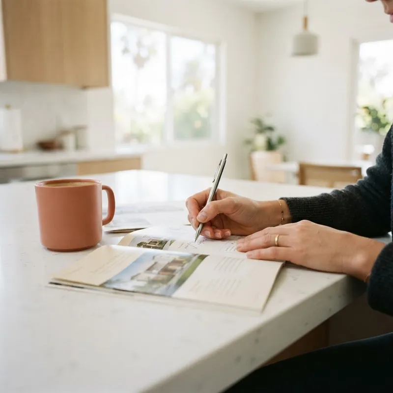 Close up of hands marking a physical document at a kitchen island