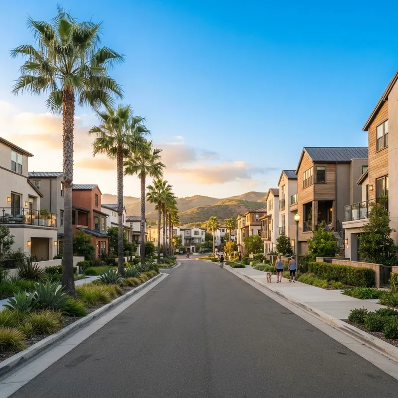Modern suburban street under clear blue sky at sunset