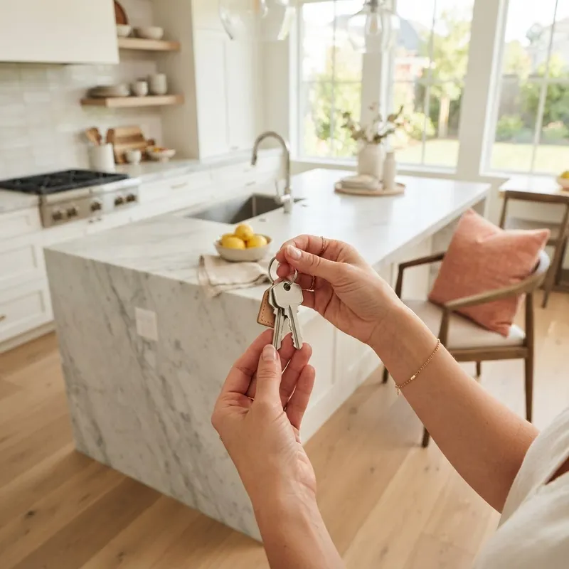 New homeowner holding keys in a bright modern kitchen