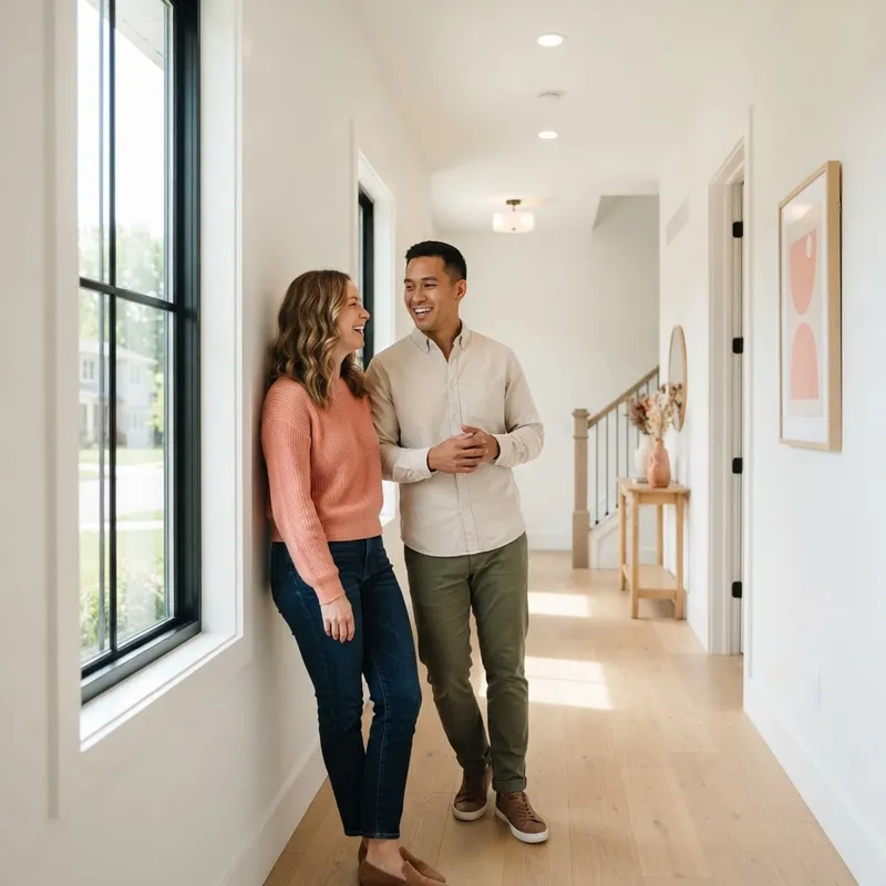 Young couple calmly discussing their new home construction progress