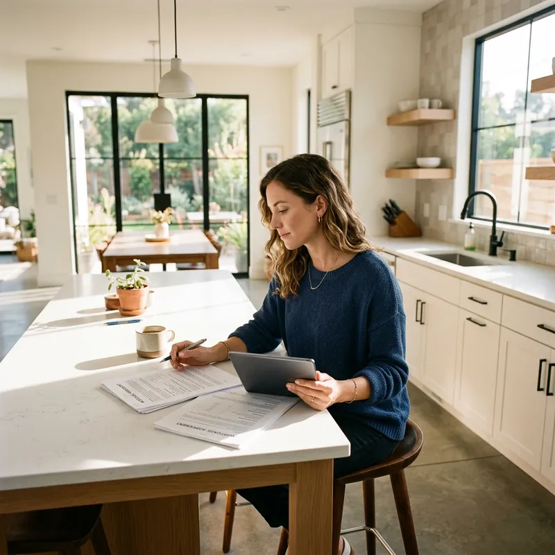 Buyer reviewing mortgage terms at new construction kitchen