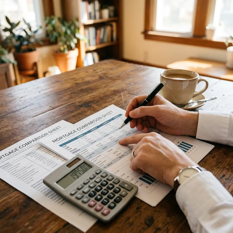 Hands comparing mortgage rates and financial documents