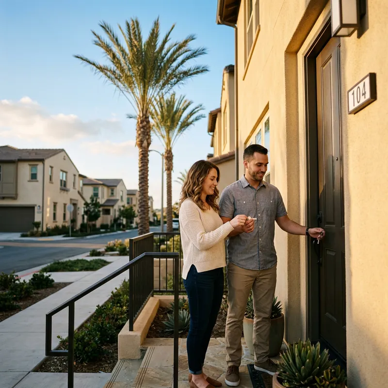 New homeowners holding key at completed construction home