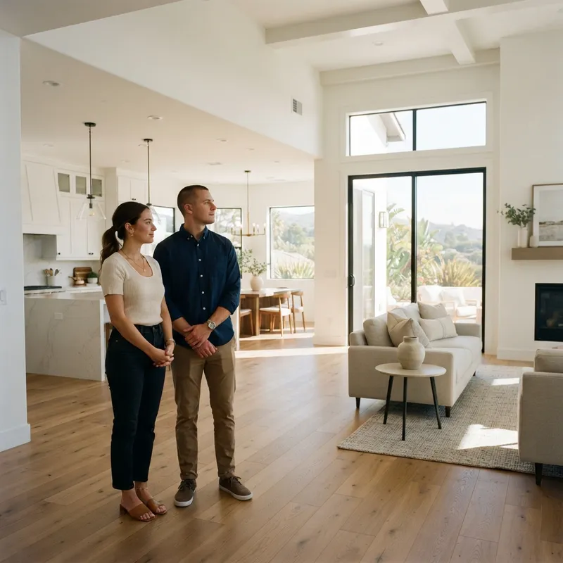 A couple touring a bright modern model home