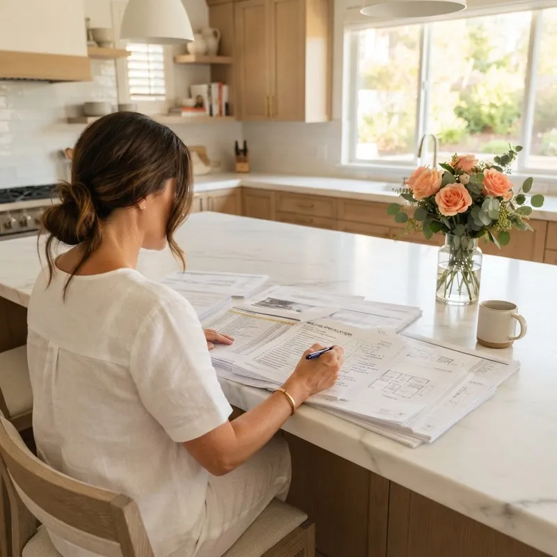 Reviewing home purchase documentation at a kitchen island