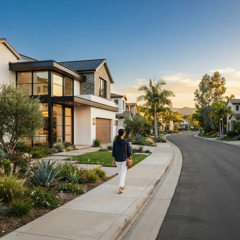 Walking toward a new construction home in a quiet neighborhood