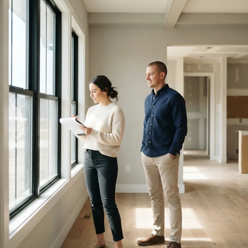 Couple inspecting a new construction home living room