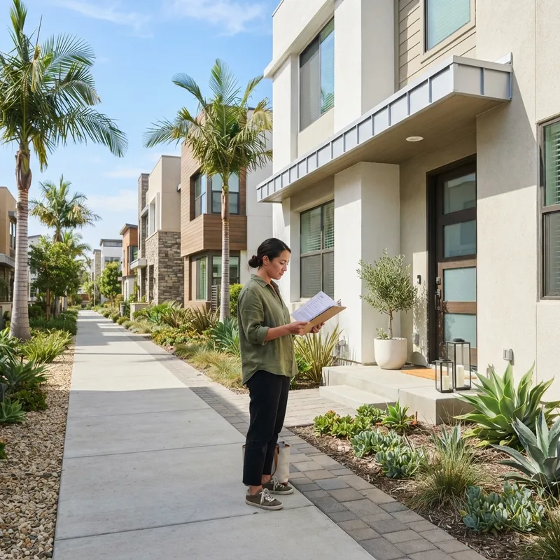 Homebuyer reviewing documents outside a new home