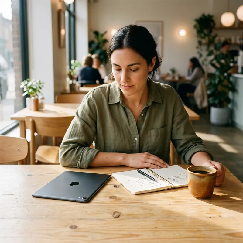 Buyer researching new construction homes on tablet at coffee shop