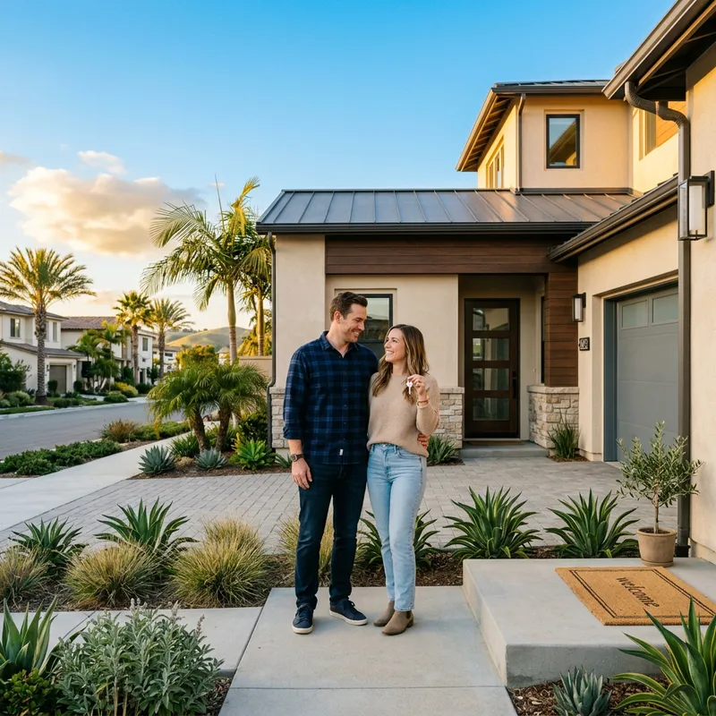 New homeowners holding keys at freshly built Southern California home entrance