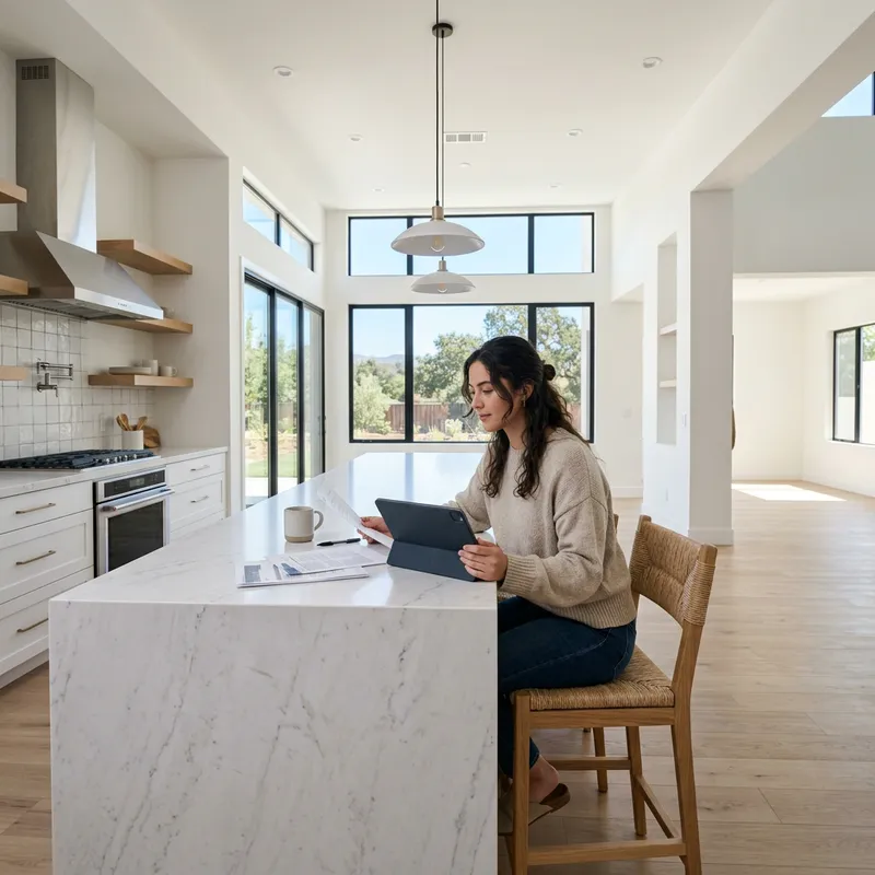 Woman reviewing home purchase documents at new construction kitchen island
