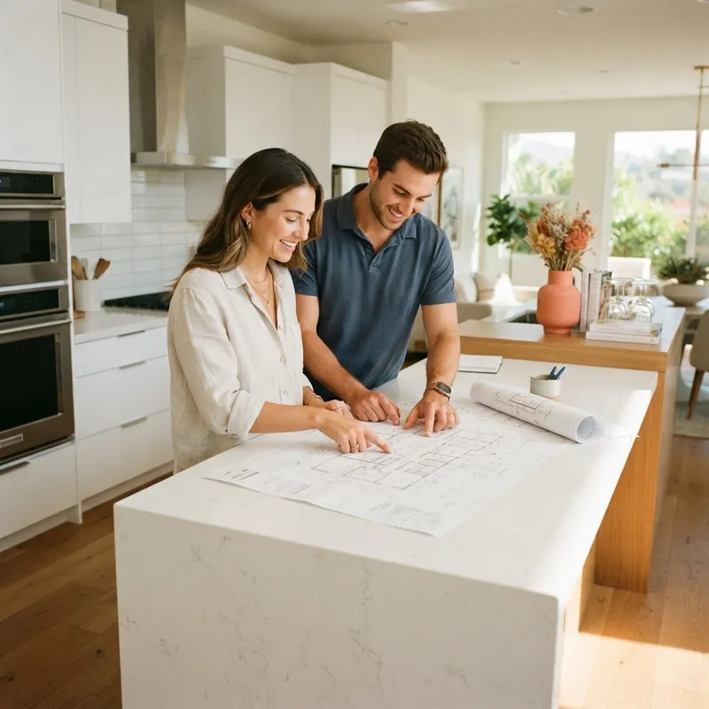 Couple reviewing floor plans in a new kitchen