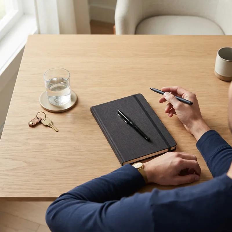 Detailed shot of a workspace with a house key