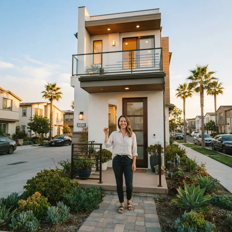 New homeowner standing at the entrance of a townhome