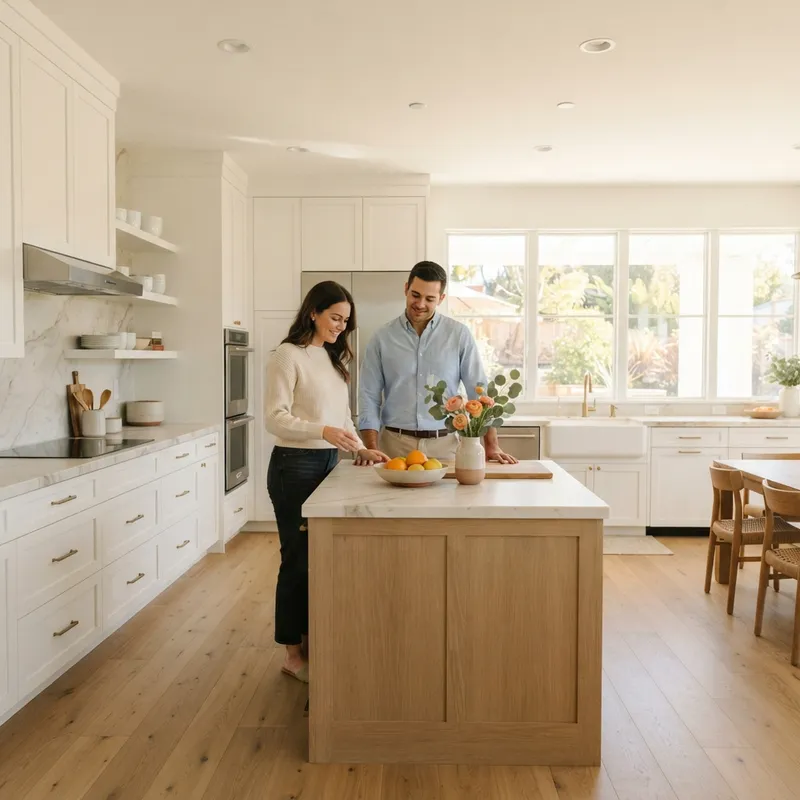 Couple planning kitchen upgrades in a bright new home